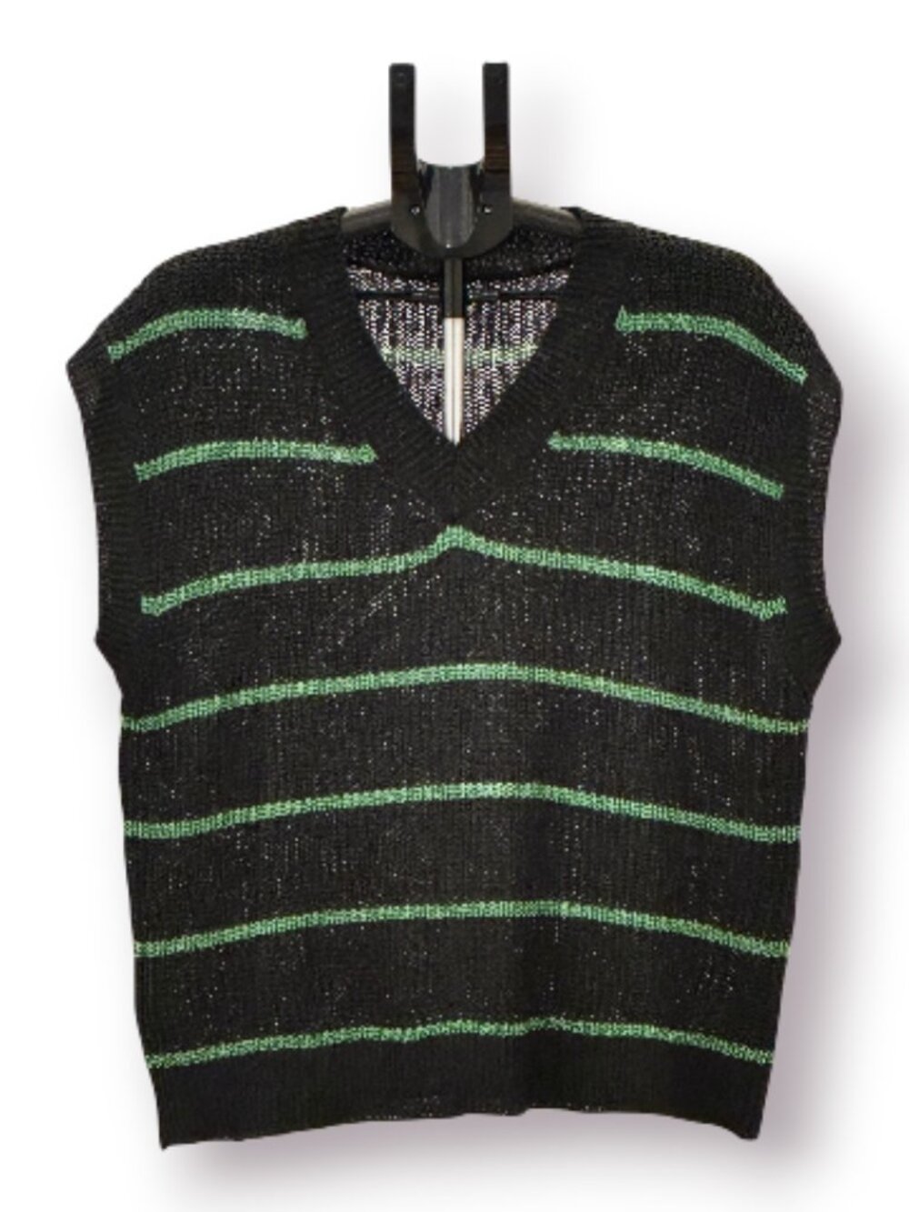 SHEIN Curve Black Green Striped Knit Sweater Vest V-Neck Oversized NWOT 1XL